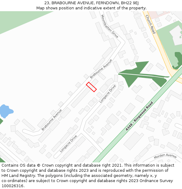 23, BRABOURNE AVENUE, FERNDOWN, BH22 9EJ: Location map and indicative extent of plot