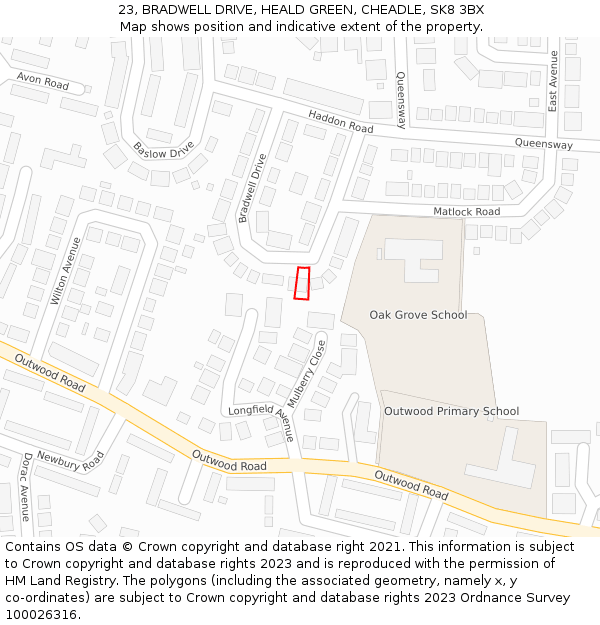 23, BRADWELL DRIVE, HEALD GREEN, CHEADLE, SK8 3BX: Location map and indicative extent of plot