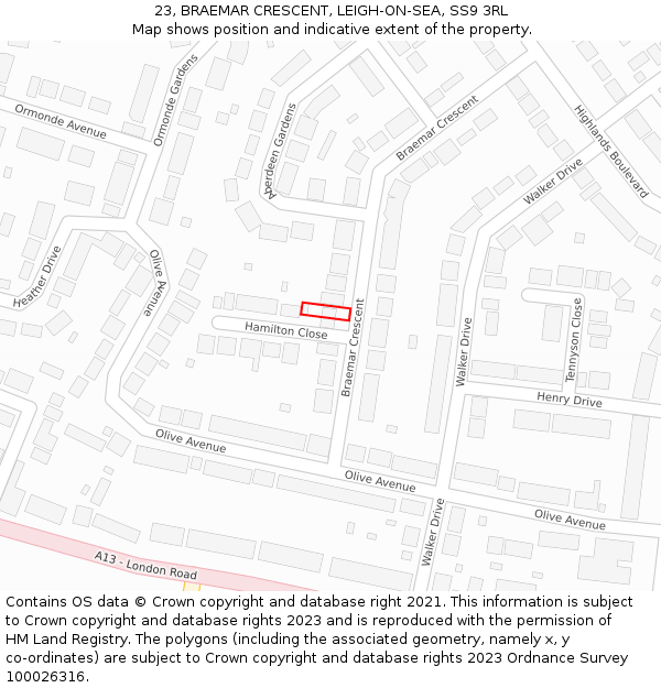 23, BRAEMAR CRESCENT, LEIGH-ON-SEA, SS9 3RL: Location map and indicative extent of plot