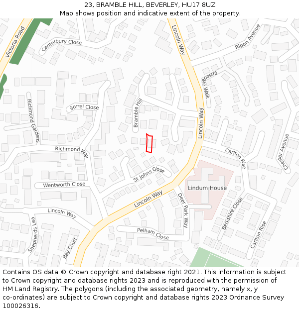 23, BRAMBLE HILL, BEVERLEY, HU17 8UZ: Location map and indicative extent of plot