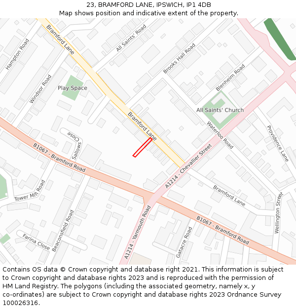 23, BRAMFORD LANE, IPSWICH, IP1 4DB: Location map and indicative extent of plot