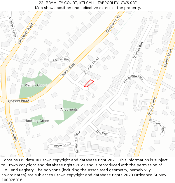 23, BRAMLEY COURT, KELSALL, TARPORLEY, CW6 0RF: Location map and indicative extent of plot