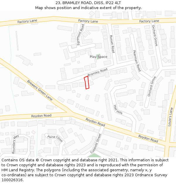 23, BRAMLEY ROAD, DISS, IP22 4LT: Location map and indicative extent of plot