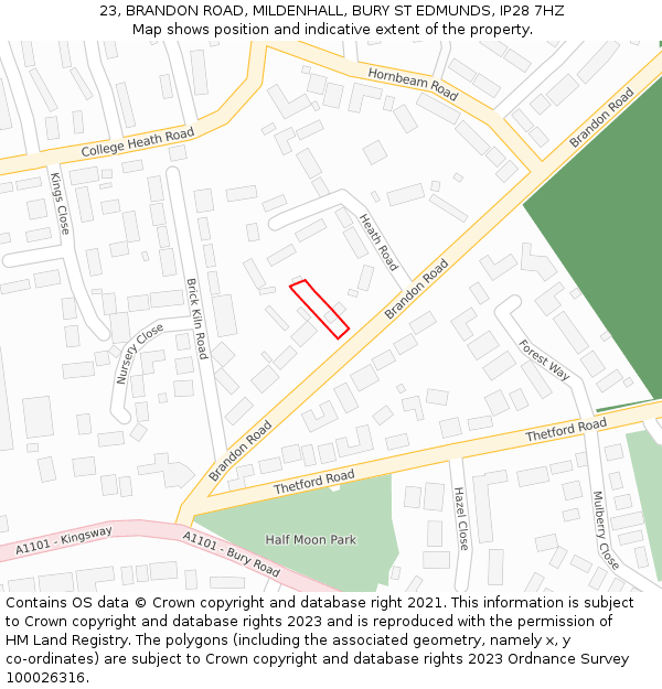 23, BRANDON ROAD, MILDENHALL, BURY ST EDMUNDS, IP28 7HZ: Location map and indicative extent of plot