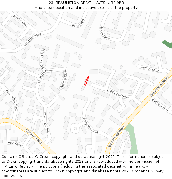 23, BRAUNSTON DRIVE, HAYES, UB4 9RB: Location map and indicative extent of plot