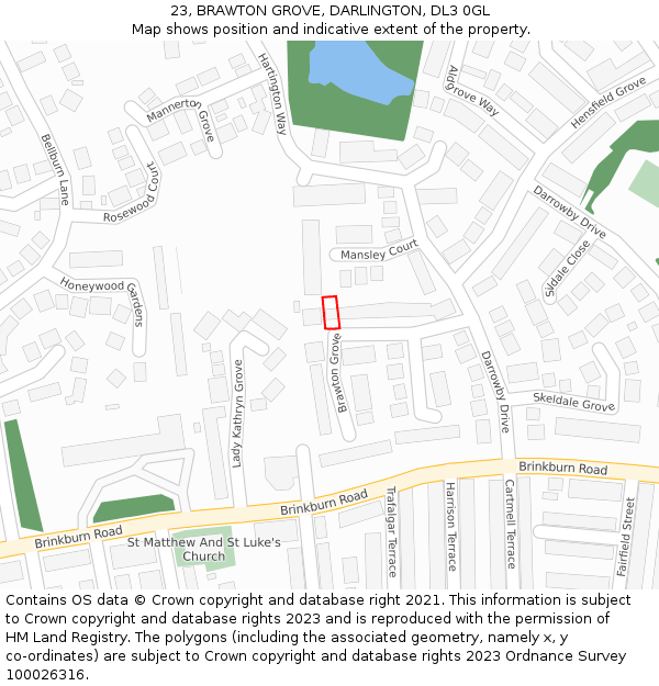 23, BRAWTON GROVE, DARLINGTON, DL3 0GL: Location map and indicative extent of plot