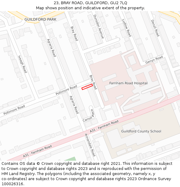 23, BRAY ROAD, GUILDFORD, GU2 7LQ: Location map and indicative extent of plot