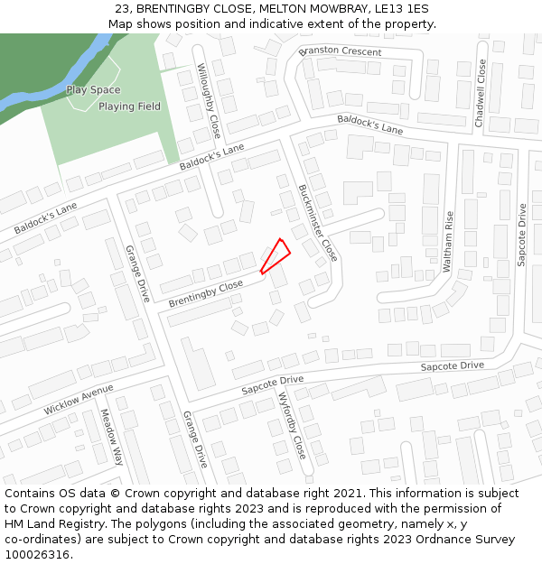 23, BRENTINGBY CLOSE, MELTON MOWBRAY, LE13 1ES: Location map and indicative extent of plot