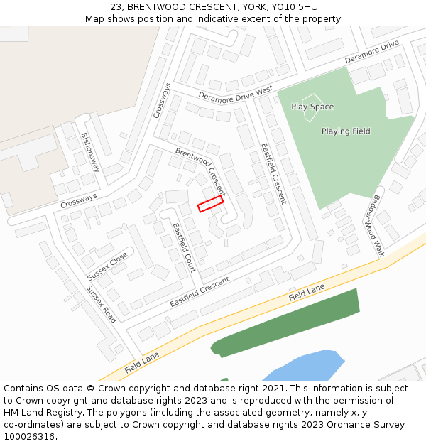 23, BRENTWOOD CRESCENT, YORK, YO10 5HU: Location map and indicative extent of plot