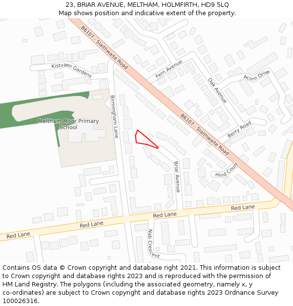 23, BRIAR AVENUE, MELTHAM, HOLMFIRTH, HD9 5LQ: Location map and indicative extent of plot