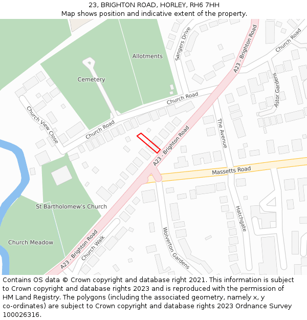 23, BRIGHTON ROAD, HORLEY, RH6 7HH: Location map and indicative extent of plot