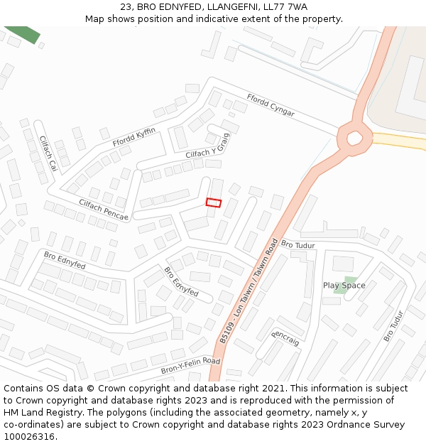 23, BRO EDNYFED, LLANGEFNI, LL77 7WA: Location map and indicative extent of plot