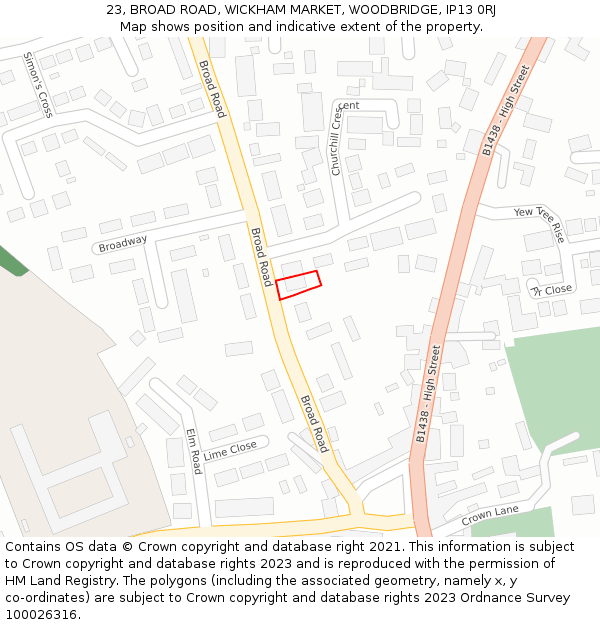 23, BROAD ROAD, WICKHAM MARKET, WOODBRIDGE, IP13 0RJ: Location map and indicative extent of plot