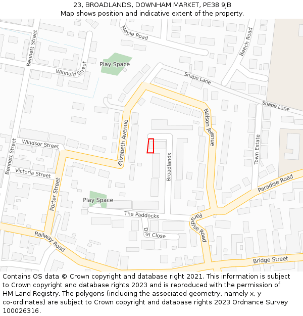 23, BROADLANDS, DOWNHAM MARKET, PE38 9JB: Location map and indicative extent of plot