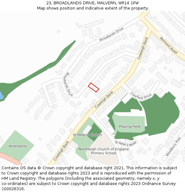 23, BROADLANDS DRIVE, MALVERN, WR14 1PW: Location map and indicative extent of plot