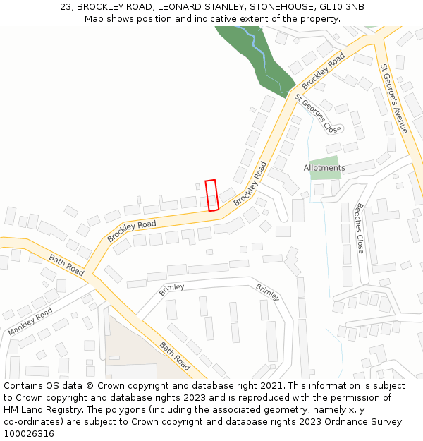 23, BROCKLEY ROAD, LEONARD STANLEY, STONEHOUSE, GL10 3NB: Location map and indicative extent of plot