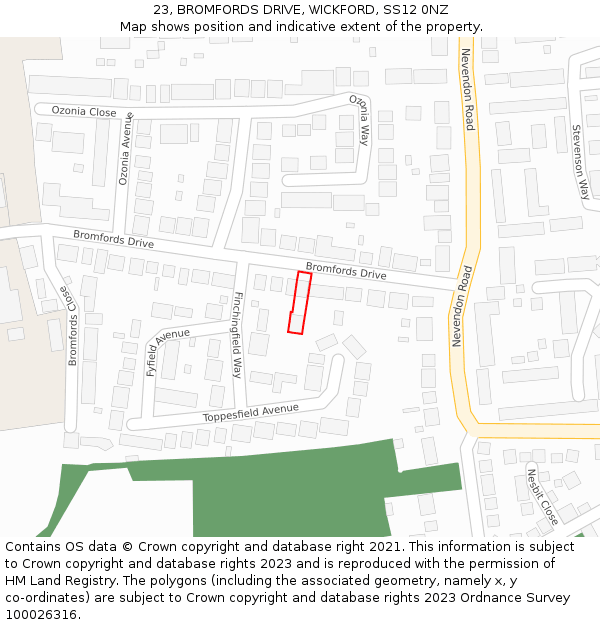 23, BROMFORDS DRIVE, WICKFORD, SS12 0NZ: Location map and indicative extent of plot