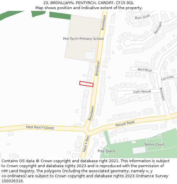 23, BRONLLWYN, PENTYRCH, CARDIFF, CF15 9QL: Location map and indicative extent of plot