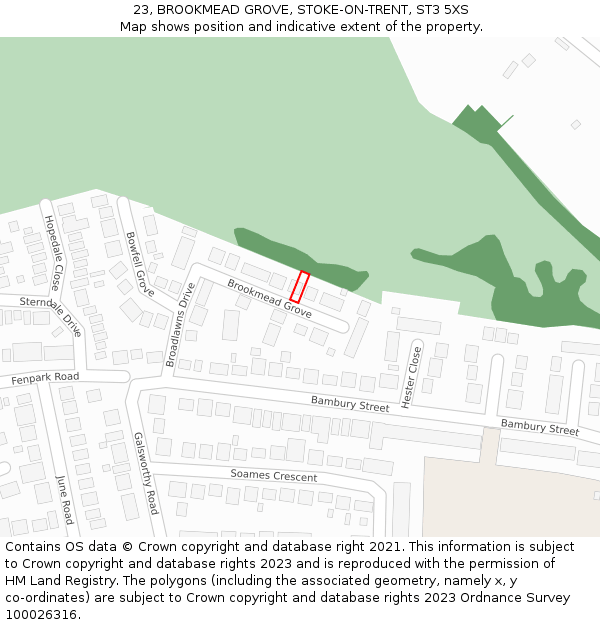 23, BROOKMEAD GROVE, STOKE-ON-TRENT, ST3 5XS: Location map and indicative extent of plot