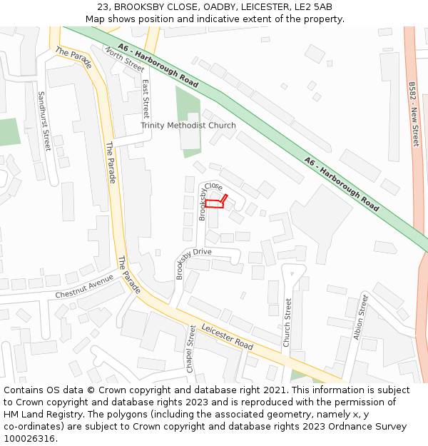 23, BROOKSBY CLOSE, OADBY, LEICESTER, LE2 5AB: Location map and indicative extent of plot