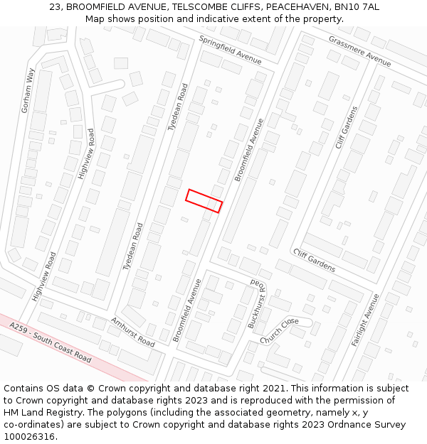 23, BROOMFIELD AVENUE, TELSCOMBE CLIFFS, PEACEHAVEN, BN10 7AL: Location map and indicative extent of plot