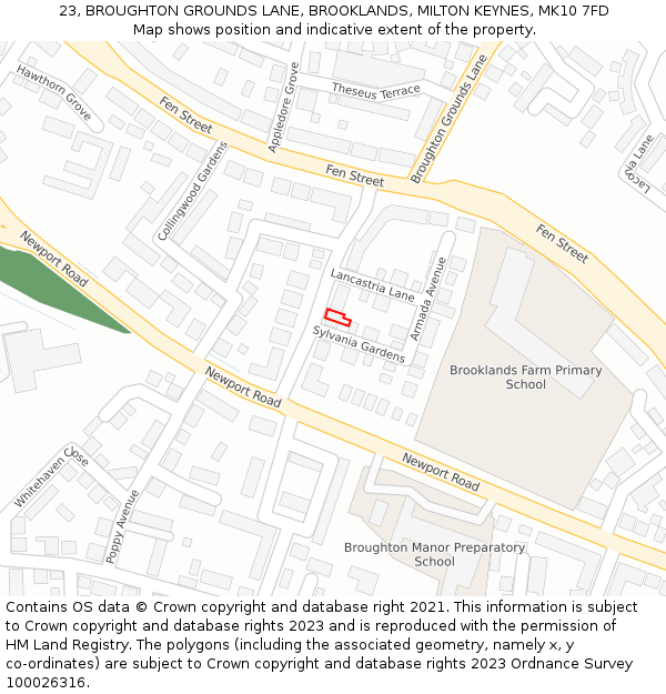 23, BROUGHTON GROUNDS LANE, BROOKLANDS, MILTON KEYNES, MK10 7FD: Location map and indicative extent of plot