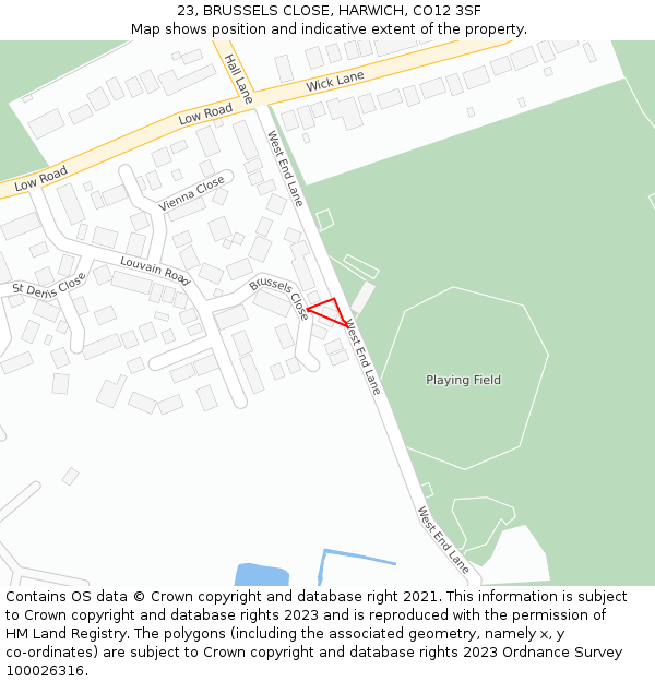 23, BRUSSELS CLOSE, HARWICH, CO12 3SF: Location map and indicative extent of plot