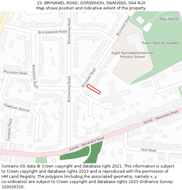 23, BRYNAWEL ROAD, GORSEINON, SWANSEA, SA4 4UX: Location map and indicative extent of plot