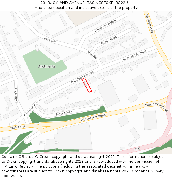 23, BUCKLAND AVENUE, BASINGSTOKE, RG22 6JH: Location map and indicative extent of plot