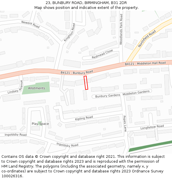 23, BUNBURY ROAD, BIRMINGHAM, B31 2DR: Location map and indicative extent of plot