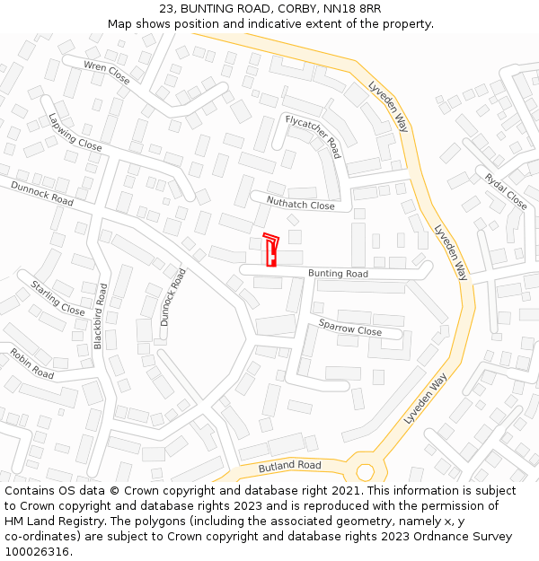 23, BUNTING ROAD, CORBY, NN18 8RR: Location map and indicative extent of plot