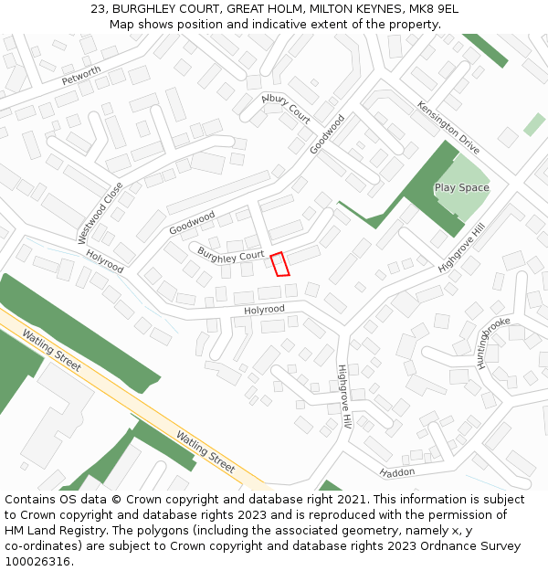 23, BURGHLEY COURT, GREAT HOLM, MILTON KEYNES, MK8 9EL: Location map and indicative extent of plot