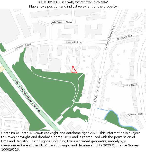 23, BURNSALL GROVE, COVENTRY, CV5 6BW: Location map and indicative extent of plot