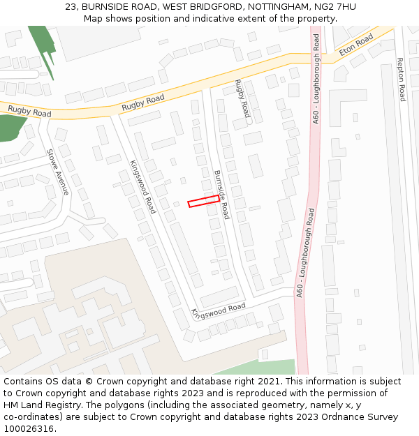 23, BURNSIDE ROAD, WEST BRIDGFORD, NOTTINGHAM, NG2 7HU: Location map and indicative extent of plot