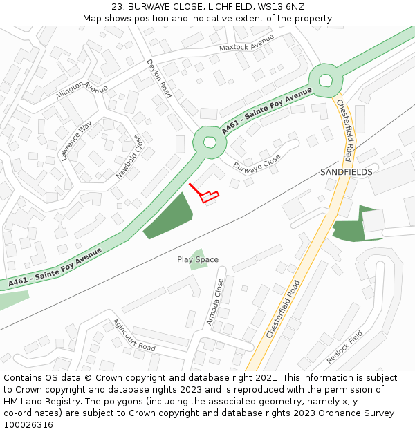 23, BURWAYE CLOSE, LICHFIELD, WS13 6NZ: Location map and indicative extent of plot