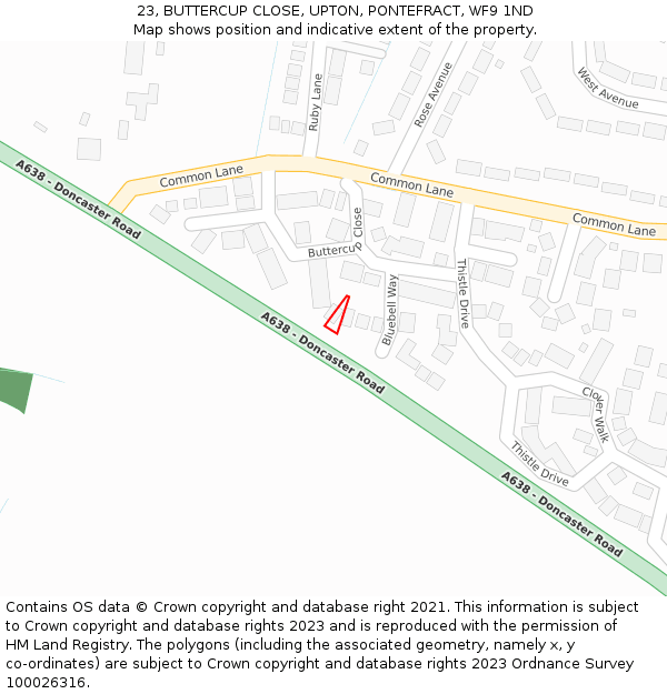 23, BUTTERCUP CLOSE, UPTON, PONTEFRACT, WF9 1ND: Location map and indicative extent of plot