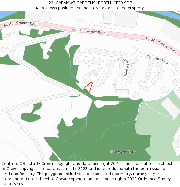 23, CAEMAWR GARDENS, PORTH, CF39 9DB: Location map and indicative extent of plot