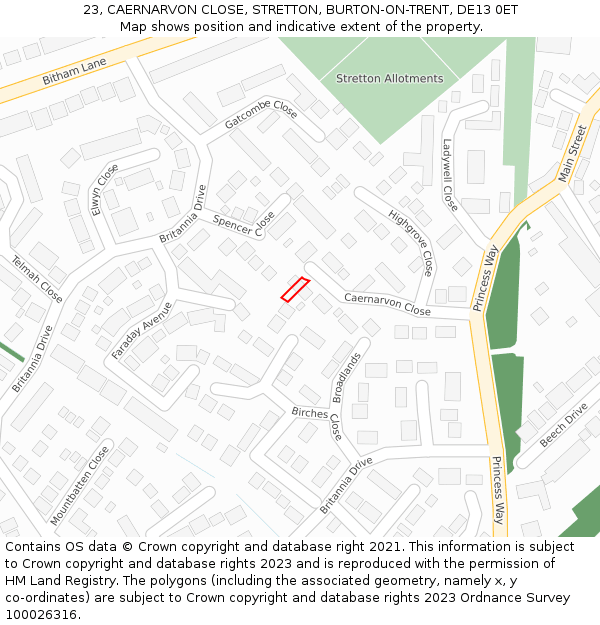 23, CAERNARVON CLOSE, STRETTON, BURTON-ON-TRENT, DE13 0ET: Location map and indicative extent of plot