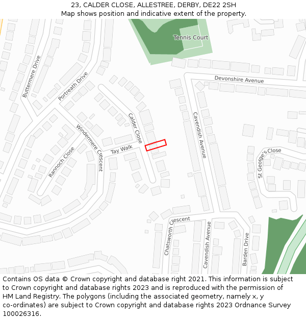 23, CALDER CLOSE, ALLESTREE, DERBY, DE22 2SH: Location map and indicative extent of plot