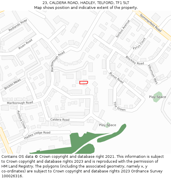 23, CALDERA ROAD, HADLEY, TELFORD, TF1 5LT: Location map and indicative extent of plot