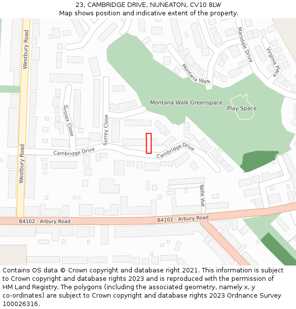 23, CAMBRIDGE DRIVE, NUNEATON, CV10 8LW: Location map and indicative extent of plot