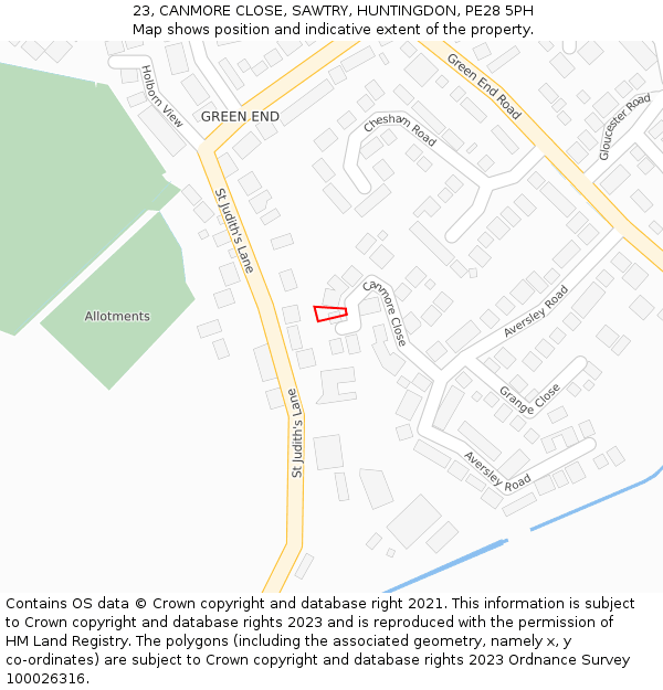 23, CANMORE CLOSE, SAWTRY, HUNTINGDON, PE28 5PH: Location map and indicative extent of plot