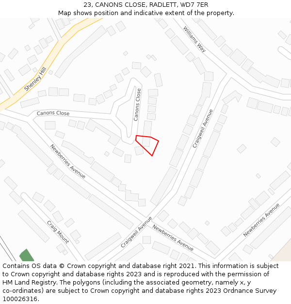 23, CANONS CLOSE, RADLETT, WD7 7ER: Location map and indicative extent of plot