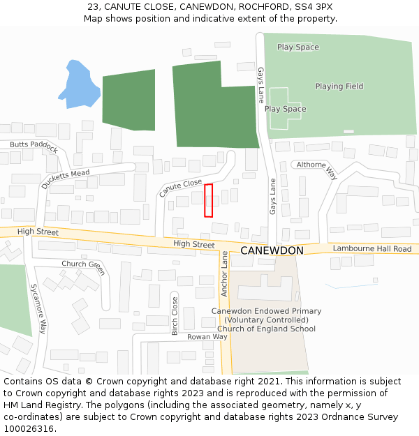 23, CANUTE CLOSE, CANEWDON, ROCHFORD, SS4 3PX: Location map and indicative extent of plot