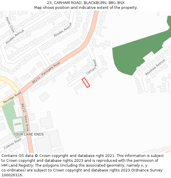 23, CARHAM ROAD, BLACKBURN, BB1 8NX: Location map and indicative extent of plot