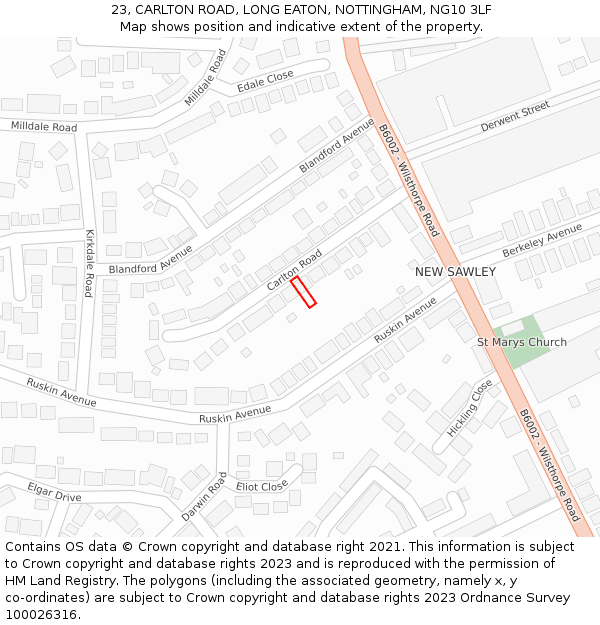 23, CARLTON ROAD, LONG EATON, NOTTINGHAM, NG10 3LF: Location map and indicative extent of plot