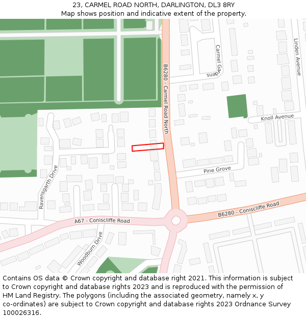 23, CARMEL ROAD NORTH, DARLINGTON, DL3 8RY: Location map and indicative extent of plot