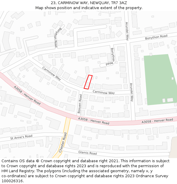 23, CARMINOW WAY, NEWQUAY, TR7 3AZ: Location map and indicative extent of plot