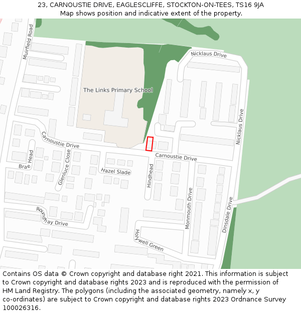 23, CARNOUSTIE DRIVE, EAGLESCLIFFE, STOCKTON-ON-TEES, TS16 9JA: Location map and indicative extent of plot