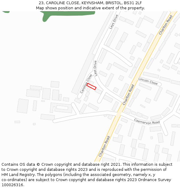 23, CAROLINE CLOSE, KEYNSHAM, BRISTOL, BS31 2LF: Location map and indicative extent of plot